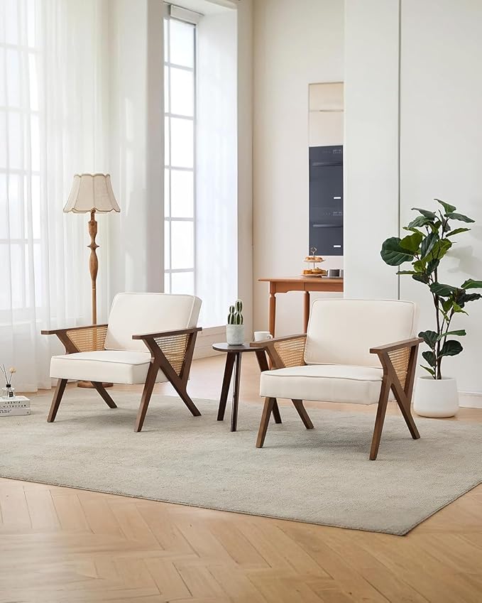 Linen Upholstered Accent Chair Mid Century Modern Vintage Rattan Vanity Chair with Wood Armrest and Legs for Living Room BedroomBeige