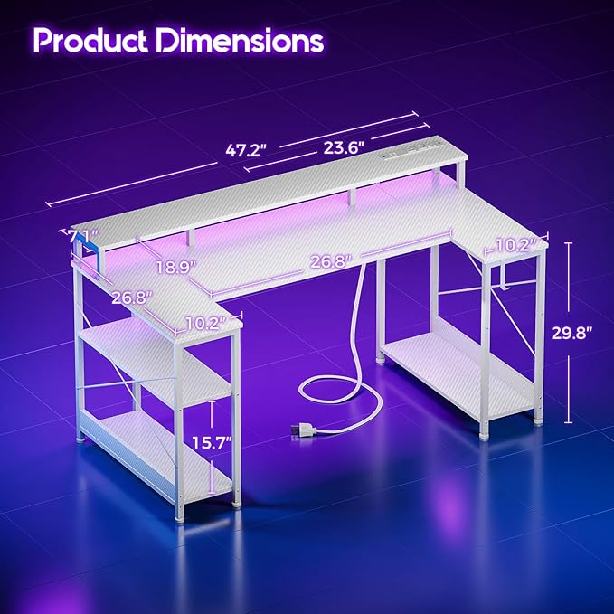 ODK 48 Inch Gaming Desk with LED Lights and Power Outlet U-Shaped Computer Desk with Monitor Stand and Storage Shelves PC Gamer Table for Home Office Carbon Fiber White