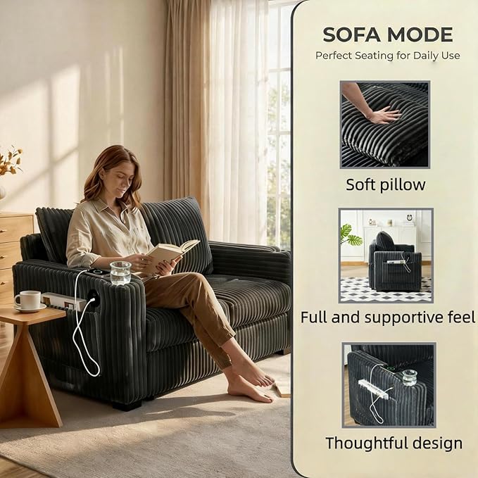 Dreamzie 53 Pull Out Couch 3 in 1 Convertible Sleeper Sofa Bed Corduroy Fabric Double Loveset with Pull Out Bed USB Port Side Pockets and Cup Holders for Living Room and Apartment Gray