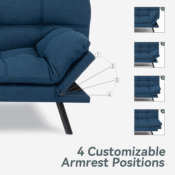 Futon Sofa Bed Convertible Couch Blue Linen Sofa Bed with Memory Foam Adjustable Backrest &amp Armrests Multifunctional Small Loveseat Sleeper Sofa for Living Room Apartment Office