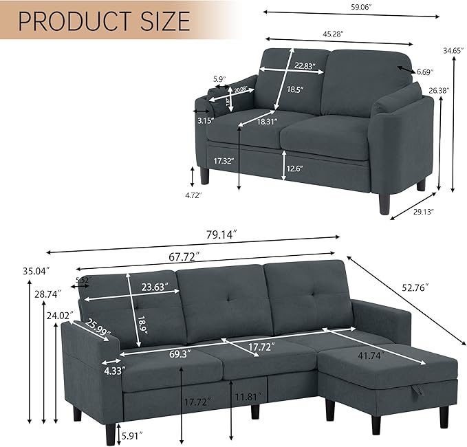 2 Piece Sofa Set 3 Seat Sofa Couch and Loveseat with Ottoman Couches Sets for Living Room/Apartment/Office Dark Grey