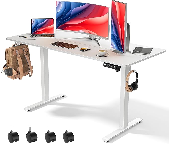 55 x 24 Inch Electric Standing Desk with 4 Wheels Height Adjustable Desk for Home Office Sit Stand Desk with 4 Memory Presets Headphone Hooks and Cable Clips Splice Board White