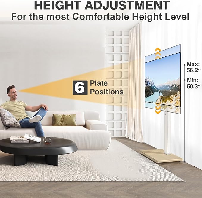 TV Floor Stand for 32-75 Inch Plasma LCD LED OLED Flat Panel or Curved Screen TVs Swivel TV Stand Mount with Height Adjustment and Sturdy Wood Base White