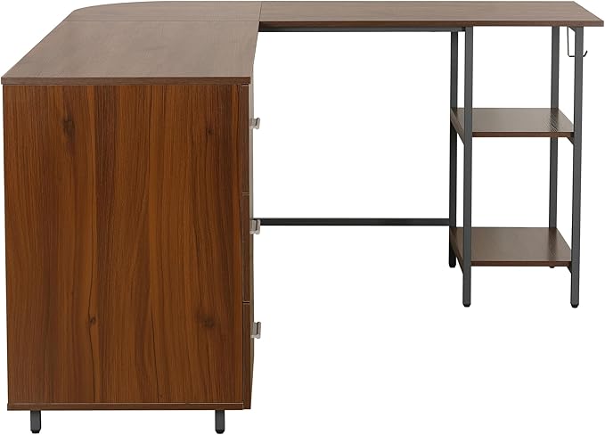 Techni Mobili L Shaped Desk - Two-Toned Computer Desk with Drawers &amp Storage Shelves - Simple Modern Furniture &amp Home Office Space Corner Table for Work &amp Writing