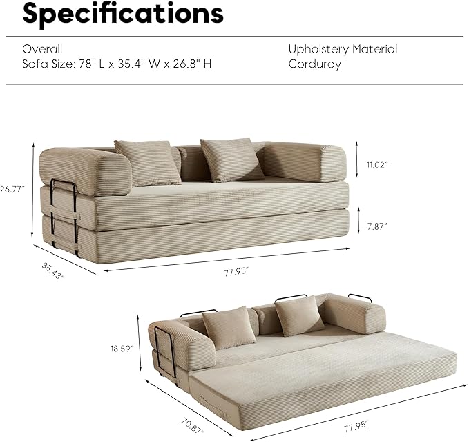Convertible Sleeper Sofa Bed with Cylindrical Pillow Corduroy Folding Boneless Couch with Fixed-Shape Frame Comfy Floor Sofa Couch for Living Room No Assembly Required Beige White