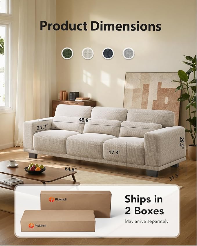 Pipishell 3 Seater Sofa Couch with Deep Seats and Wide Armrests 89 Couches for Living Room Comfy 3-Seater Futon Sofas Modern Upholstered Couch with Removable Washable Cover Linen Fabric White