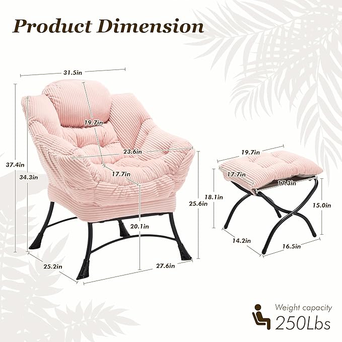 QQU Lazy Chair with Ottoman Corduroy Lounge Armchair Reading Chair with Footrest for Living Room Balcony Study (Pink)