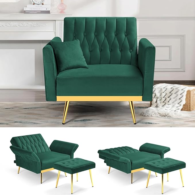 Velvet Accent Chair with Adjustable Backrest and Armrests Single Recliner Armchair with Ottoman and Golden Mental Legs for Living Room Bedroom and Waiting Room Green