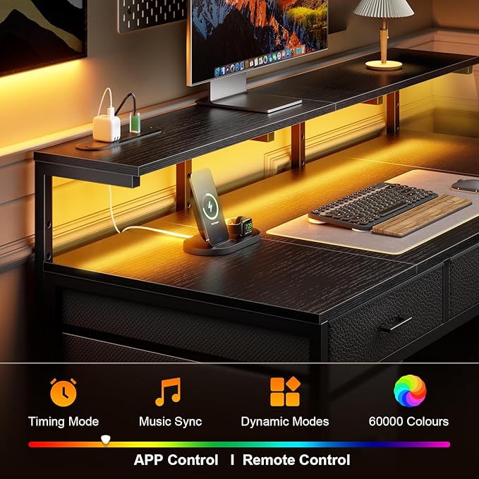 HLDIRECT 47 inch Computer Desk with 8 Storage Drawers Gaming Desk with LED Lights &amp USB Power Outlets Home Office Table with Monitor Stand Study Writing Work Table for Bedroom Black