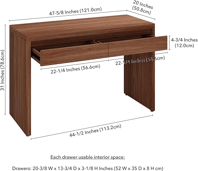 Henn&ampHart 48 Modern Rectangular Wooden Home Office Desk Computer Desk Writing Table with 2 Storage Drawers for Home Office Medium Walnut