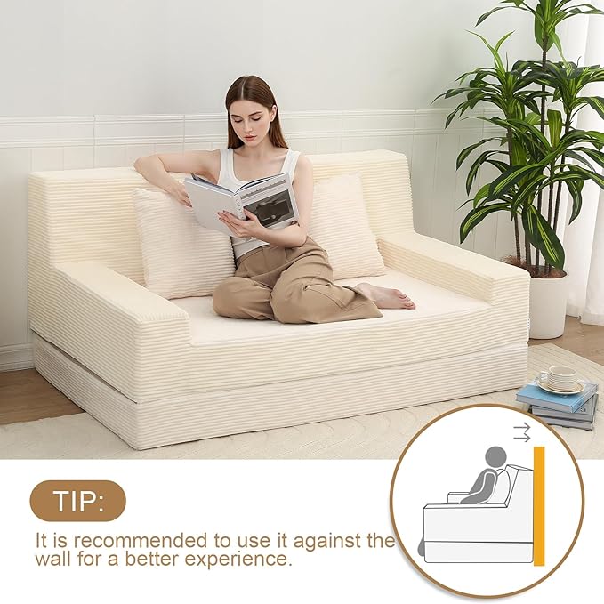 MeMoreCool Boneless Folding Queen Sofa Bed – Corduroy Convertible Futon Sleeper Couch with Foam Core &amp Pillow Washable Cover Space-Saving Floor Sofa for Living Room Guest Bedroom Apartment