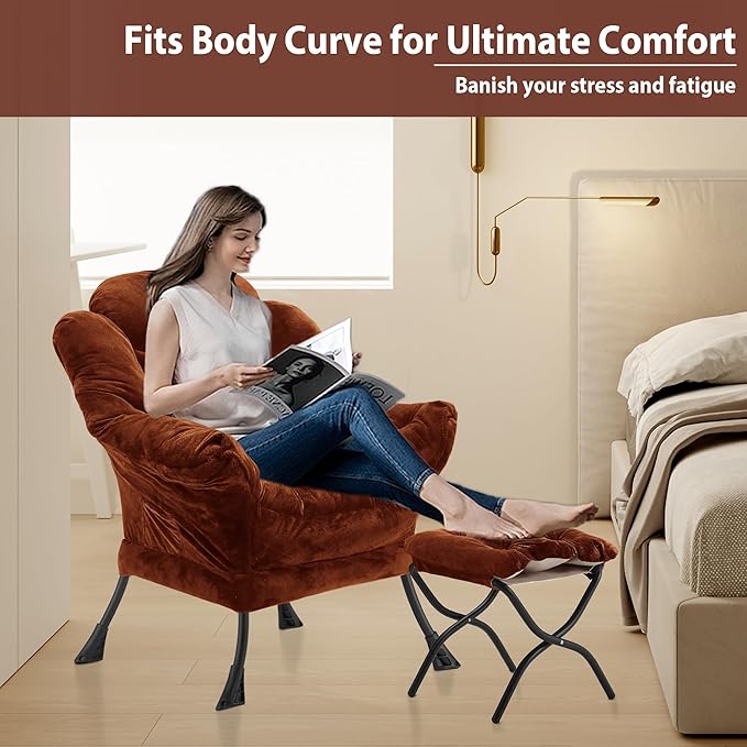 Lazy Chair with Folding Ottoman Accent Chair Plush Upholstered with Metal Structure and Non-Slip Pads Sofa Armchair with Footrest and Side Storage Bag for Dorm Room Office Brown