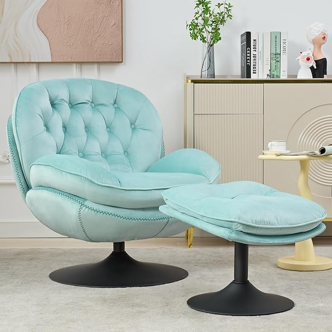 Velvet Swivel Accent Chair with Ottoman SetModern Tufted Armchair with Footrest for Living RoomReading TV Chair for AdultComfy Chaise Lounge Chairs with 360 Degree Swiveling for BedroomTeal