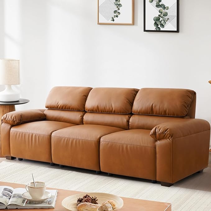 95 3-Seater PU Faux Leather Couch Modular Sectional Sofa Oversized Mid-Century Modern Comfy Couches with Extra Deep Seats Wide Arm for Living RoomOffices Apartments Easy to Assemble Brown | PU Fa