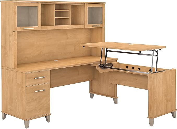 Bush Home Somerset 72W 3 Position Sit to Stand L Shaped Desk with Hutch in Maple Cross | Adjustable Height Table for Office