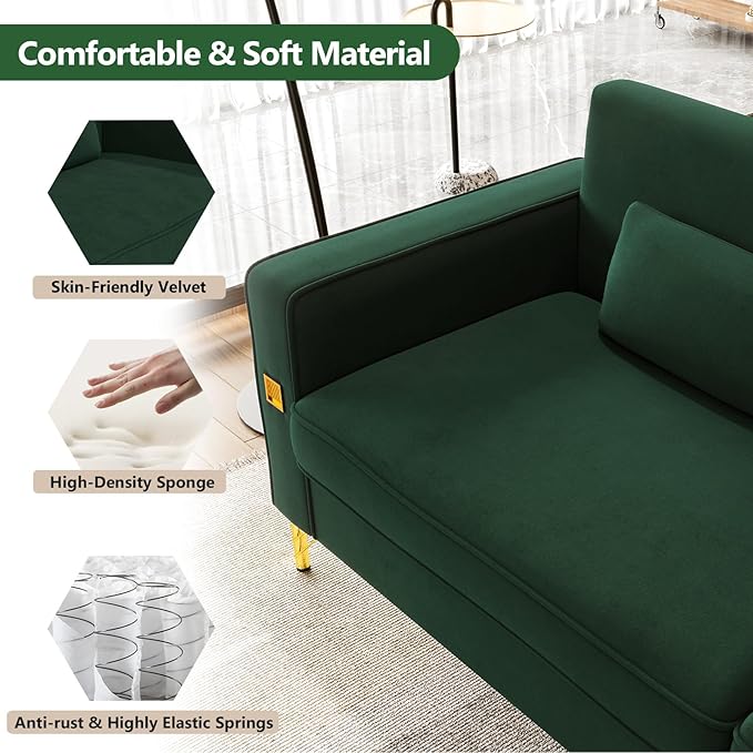 85.63'' Mid-Century Modern Green Velvet Sofa Couch with Metal Gold Legs 3 Seater Tufted Loveseat Couches with 2 Lumbar Pillows for Living Room and Apartment