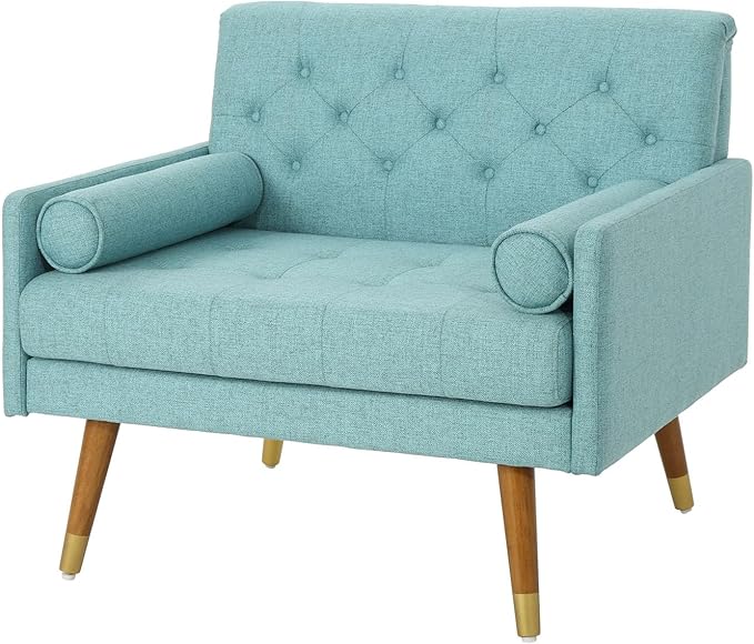 38 Comfy Chair and A Half with Button Tufted Backrest Round Armrest Pillows Mid Century Modern Oversized Accent Chair with Wood Legs for Living Room Bedroom or Small Spaces (Blue)