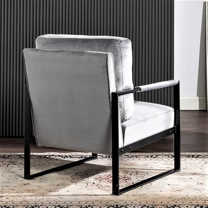 Container Furniture Classic Mid Century Modern Accent Chair with Durable Square Metal Frame Armchair for Living Room Bedroom Home Office in Plush Velvet Upholstery Grey