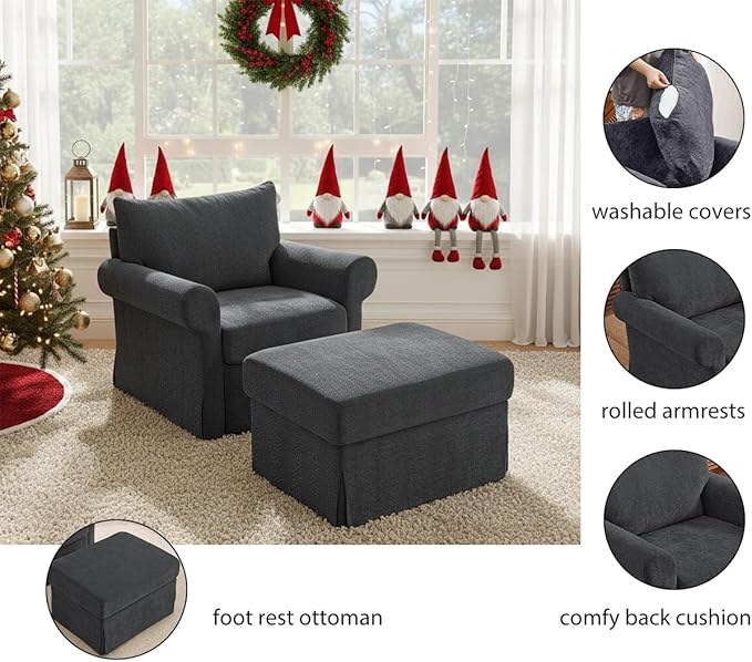 35.8 Accent Chair with Ottoman Set Comfy Chenille Armchair with Rolled Arms Modern Single Reading Chair for Living Room Bedroom Apartment Grey