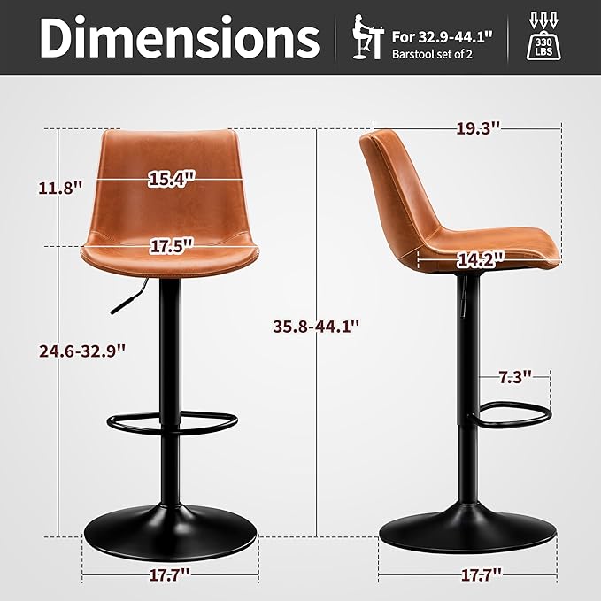 Vintage Bar Stool Height Adjustable Crazy Horse Leather Bar Chair X-Large Base and Seat Bar Stools Ergonomic Bistro Stool with Footrest for Kitchen Dining Bistro Pubx Set of 2 Whisky Brown