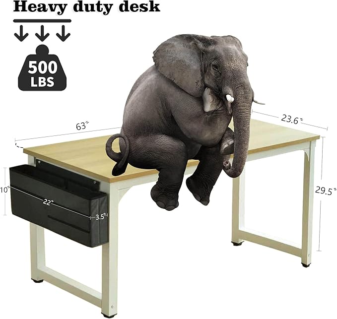 Large Computer Desk - 63 Inch Home Office Desks Study Student Writing Table Gaming Desk Wood Modern Simple Table with Storage Bag &amp Headphone Hooks Rustic White