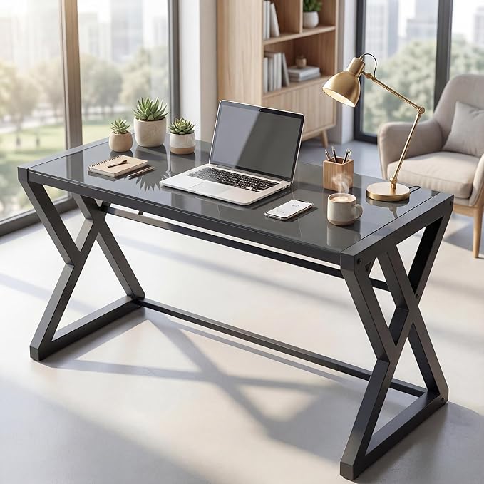 MANBUR Computer Desk Tempered Glass Computer Table Desk with Metal Frame Modern Simple Style Desk 55 in Study Writing Desk Workstation for Home Office (Black)