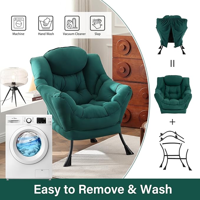 Lazy Chair Large Accent Chair Modern Comfy Armchair Dark Green Chair for Living Room Bedroom Dorm Room Office Apartment Reading Relaxing Use