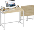 JSB Small Folding Computer Desk with Storage Bag and Hook Writing Modern Industrial Work Table Laptop for Home Office White (Natural &amp White 27.6)