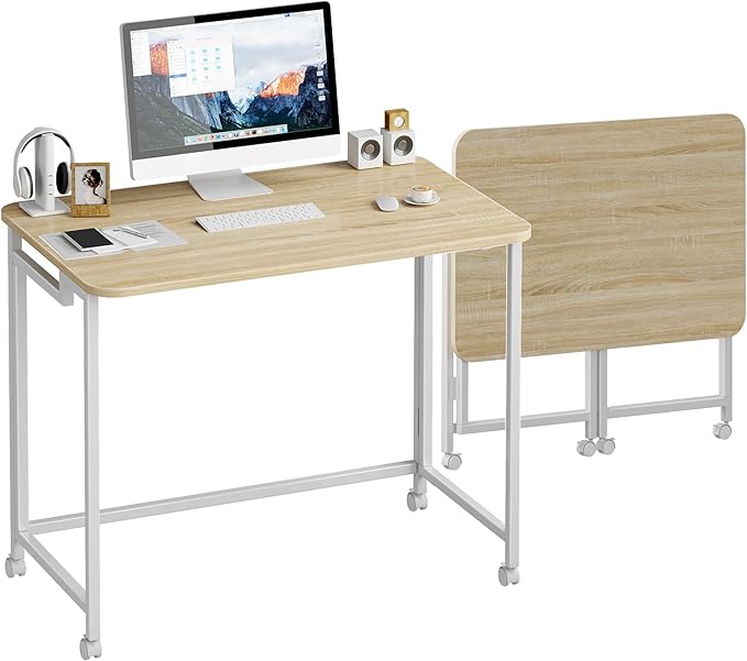 JSB Small Folding Computer Desk with Storage Bag and Hook Writing Modern Industrial Work Table Laptop for Home Office White (Natural &amp White 27.6)