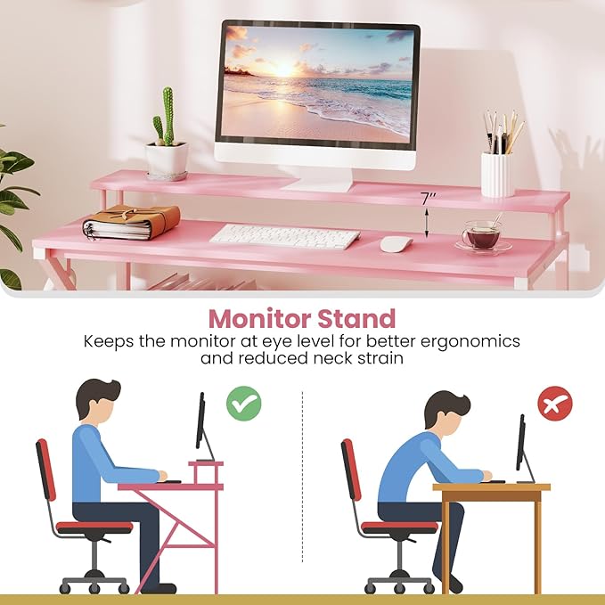 Giantex Small Desk with Storage Compact Computer Desk for Small Spaces with Monitor Stand Metal Frame &amp Earphone Hook Laptop PC Table Modern Writing Desk for Home Office Bedroom (Pink)