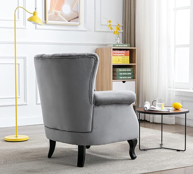 Mid Century Modern Accent Chair Upholstered Armchair Comfy Velvet Fabric Single Sofa with Lined Wingback for Small Spaces Bedroom Living Room Velvet Grey30.1D x 30.5W x 35H in