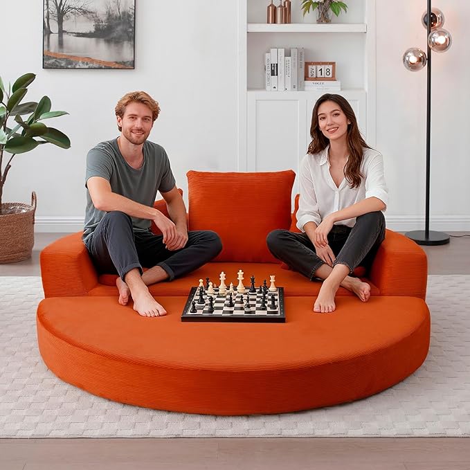 Folding Sofa Bed Corduroy Circular Boneless Couch No Assembly Convertible Sleeper Sofa with 3 Pillow Comfy Futon Sofa Bed for Apartment Office Bedroom Living Room Orange