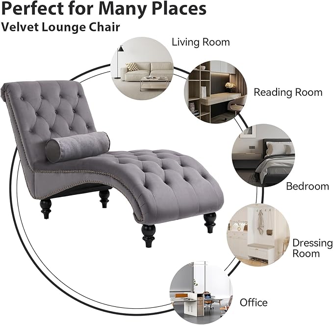 Velvet Chaise Lounge Chair Indoor Comfy Upholstered Chaise Lounge with Pillow and Solid Wood Legs Button Tufted Leisure Sofa Recliner for Living Room Bedroom Office Apartment(GY)