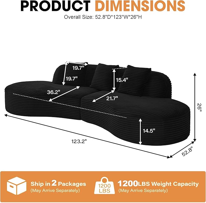 123'' Oversized Curved Sectional Sofa Minimalist Boneless Couches for Living Room with Round Deep Seat 4 Seat Luxury Modern Cloud Couch with Corduroy Fabric No Assembly Black