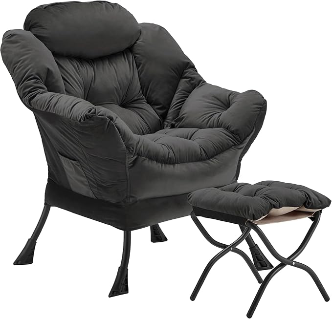 Lazy Chair with Folding Ottoman Accent Chair Velvet Upholstered with Metal Structure and Non-Slip Pads Sofa Armchair with Footrest and Side Storage Bag for Dorm Office Charcoal