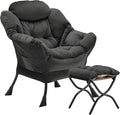 Lazy Chair with Folding Ottoman Accent Chair Velvet Upholstered with Metal Structure and Non-Slip Pads Sofa Armchair with Footrest and Side Storage Bag for Dorm Office Charcoal