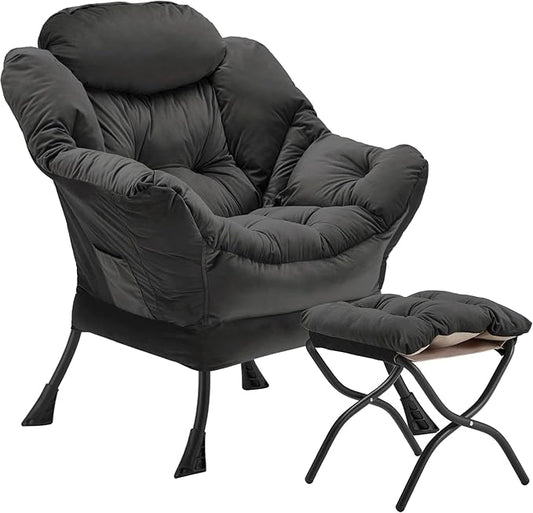 Lazy Chair with Folding Ottoman Accent Chair Velvet Upholstered with Metal Structure and Non-Slip Pads Sofa Armchair with Footrest and Side Storage Bag for Dorm Office Charcoal