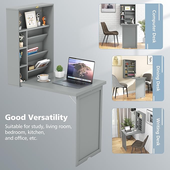 GOFLAME Wall Mounted Folding Desk with 3-Tier Tilt Storage Partition and Adjustable Shelves Space-Saving Convertible Writing Desk for Home Office Gray