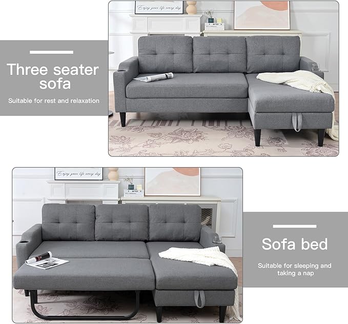 Convertible Sleeper Pull Out Couch Bed with Storage Chaise Linen Upholstered Sectional L-Shape Apartment Couch Pullout Sofa Bed with Side Pocket and Cup Holder Removable Backrest (Gray)