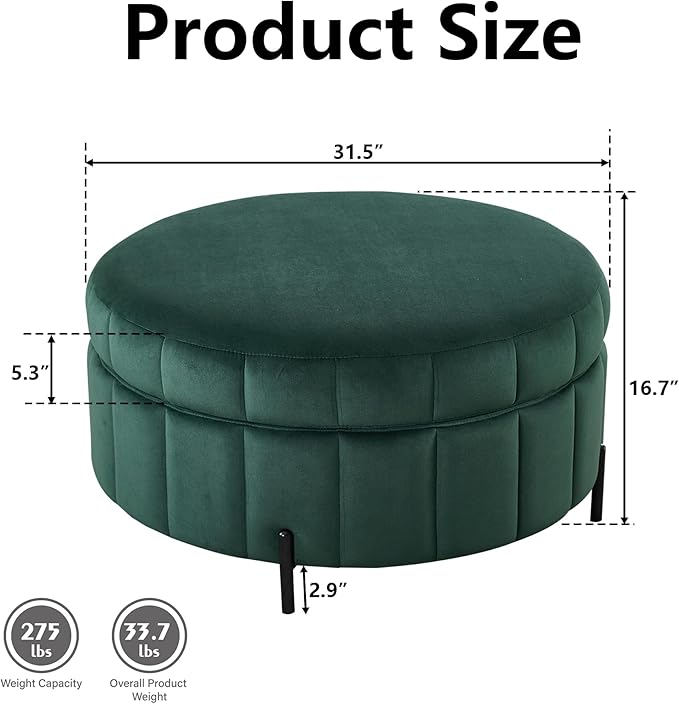 31.5 Velvet Round Storage Ottoman GreenReversible Lid Upholstered Ottoman Coffee TableCircle Foot Stool for Living RoomBedroom