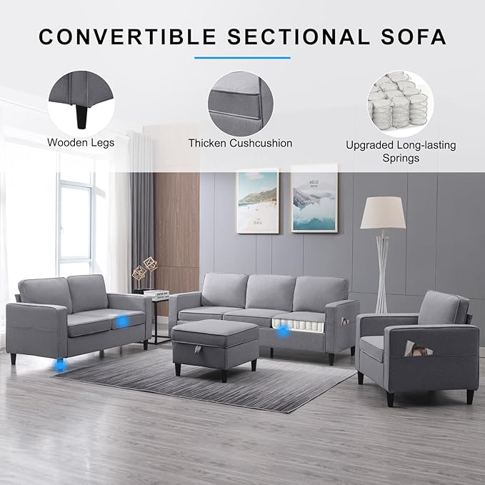PUREMIND 3 Pcs Sofa Set Couches Set with Wooden Sofa Legs Linen Living Room Furniture w Storage Ottoman &amp Storage Pockets Sectional Sofas Includes 3-Seater+ Loveseat+Armchair Light Grey