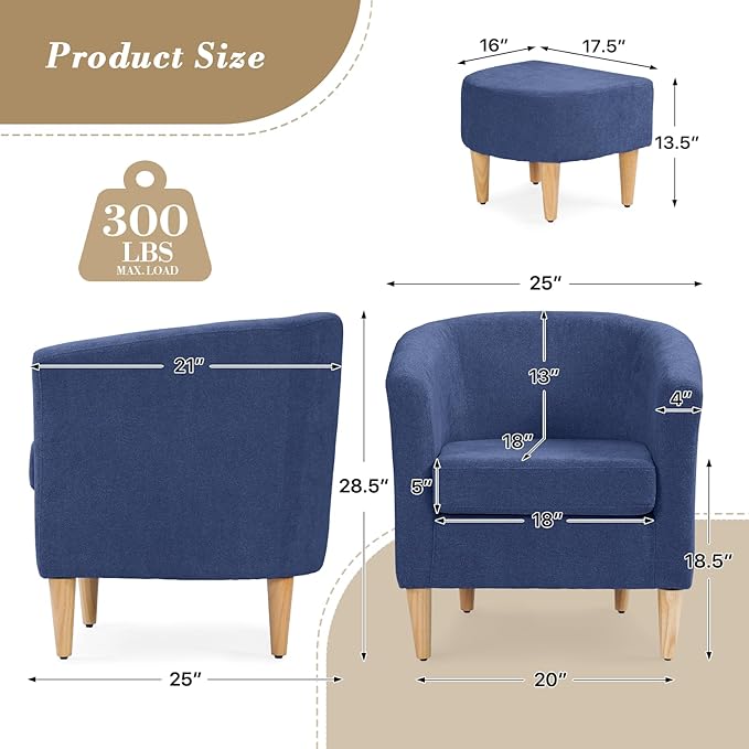 Athena Collection Modern Accent Chair with Ottoman Linen Barrel Sofa Chair Comfy Upholstered Armchair Reading Chair with Thickened Seat Cushion for Bedroom Living Room Navy Blue