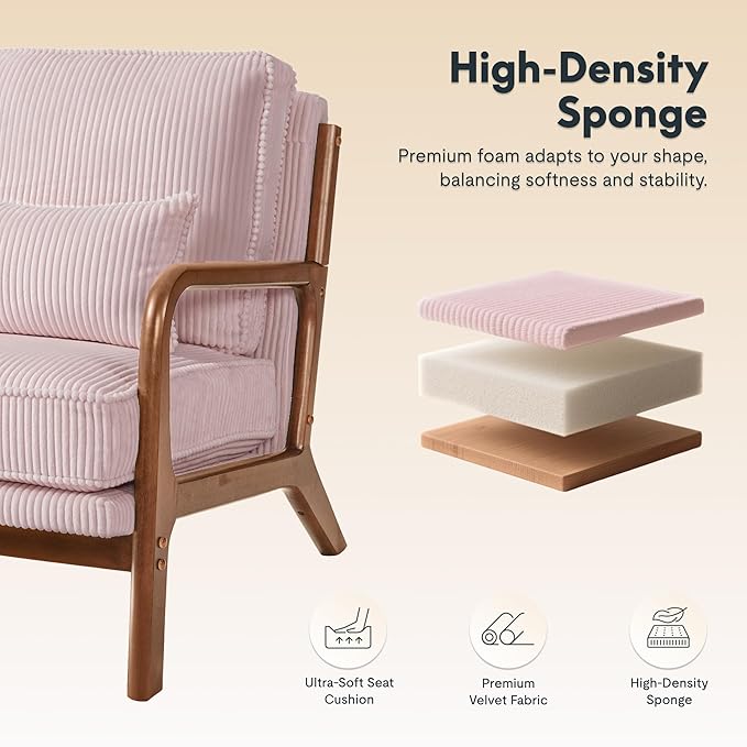 FLEXISPOT AC1 Accent Chair Mid-Century Modern Armchair with Wood Frame Comfy Corduroy Upholstered Reading Chair with Lumbar Pillow 8 Thick Cushion for Living Room Bedroom Sunroom(Pink)