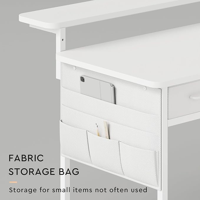 Computer Desk with Drawers 47.2X15.8-22.9 Inches Office Computer Desk with Side Pocket &amp Ergonomic Monitor Stand Writing Table for Small Spaces Bedroom White