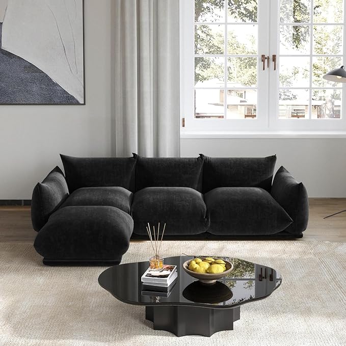 JACH 103 L-Shaped Sectional Couch Minimalist Chenille Modular Sofas Couches Mid-Century Sofa Sectionals with Reversible Chaise Ottoman for Living Room Office Apartment Black