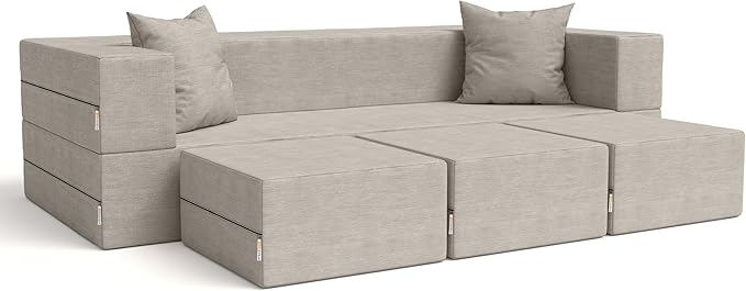Jaxx Zipline Convertible Sleeper Sofa &amp Three Ottomans/California King-Size Bed Dove Grey