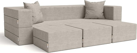 Jaxx Zipline Convertible Sleeper Sofa &amp Three Ottomans/California King-Size Bed Dove Grey