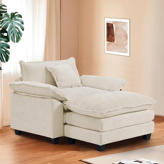 Furniliving 46‘’ Oversized Chair with Ottoman Luxury Chenille Single Sofa Upholstered Deep Seat Chaise Lounge with Pillows for Living Room Bedroom Apartment Beige