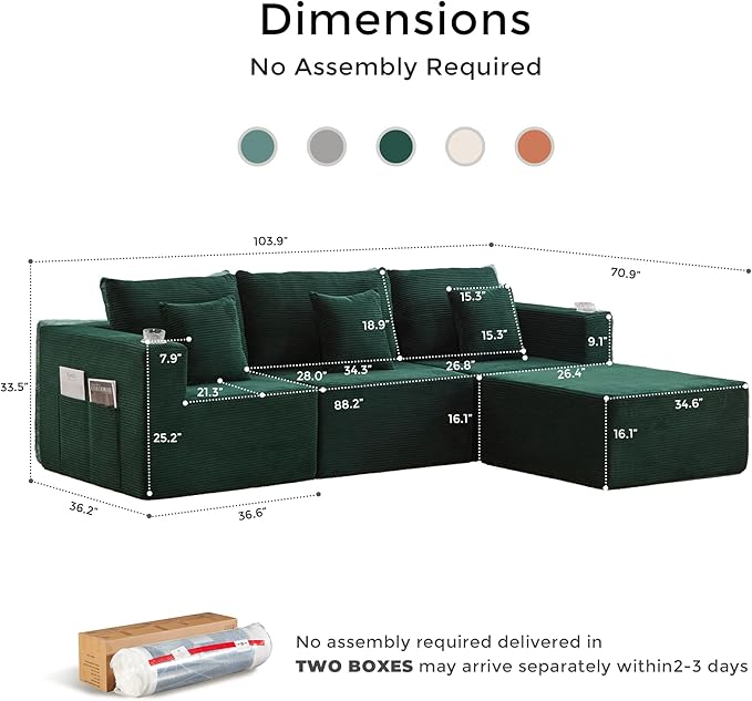 WELAX 104 Modular Sectional Couches for Living Room Boneless Couch L-Shape with Cup Holders &amp Pillows Modern Corduroy Cloud Sofa 4 Seater Home Comfy Sofas for Bedroom Green