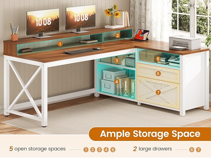 SEDETA Farmhouse L Shaped Desk 55 Home Office Desk with Drawers and Storage Shelves L Shaped Gaming Desk with LED Lights Power Outlet and Monitor Shelf Brown